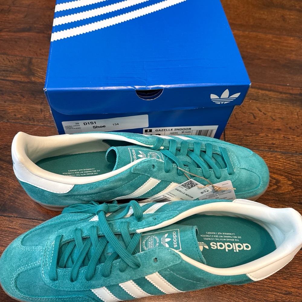 adidas Gazelle Indoor Teal Suede Sneakers with White Stripes